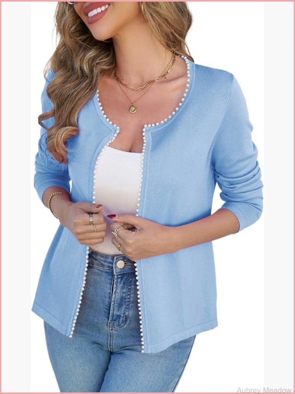 Lightweight Open Front Cardigan with Pearl Trim Long Sleeve Knit Jacket